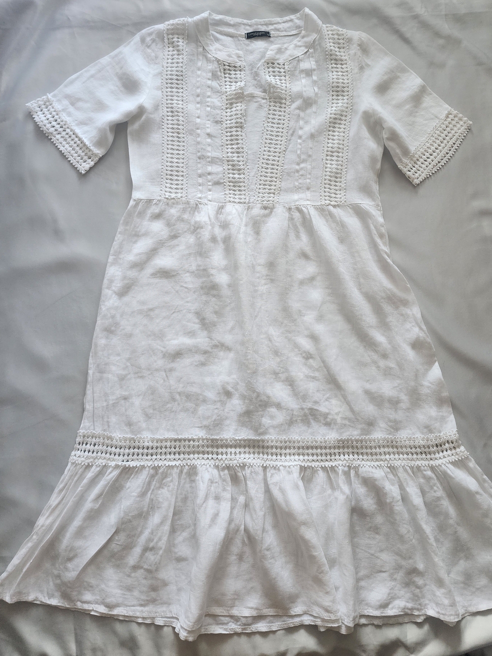 LUNGO L’ARNO White Linen Lace Inset Tiered Midi Dress Made in Italy - Size S